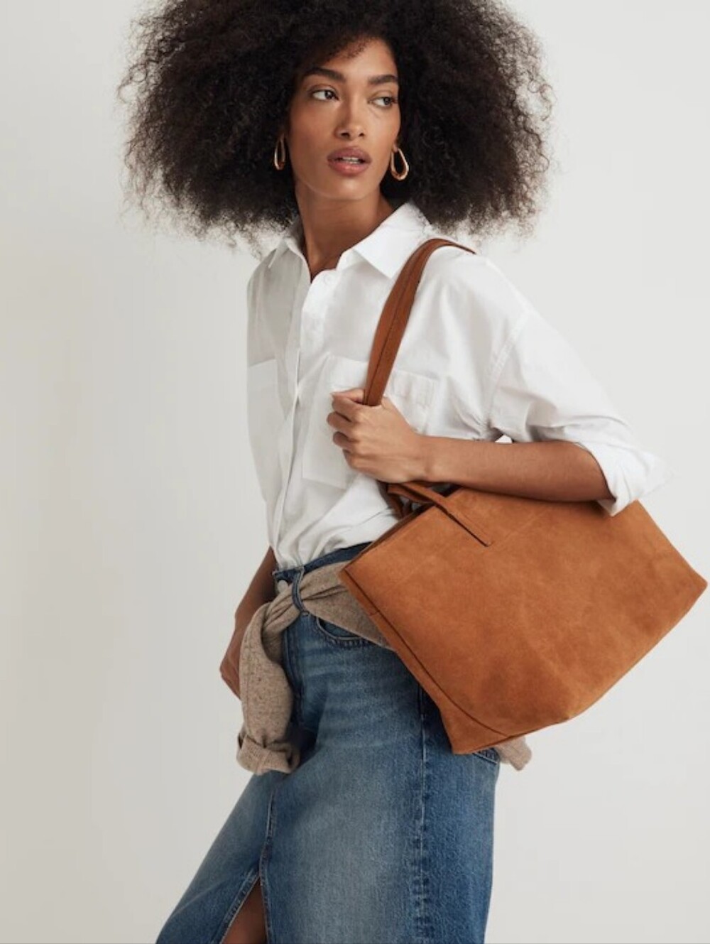 Madewell The Zip-Top Essential Suede Office Work Laptop Tote in Dark Camel Brown - Picture 15 of 15